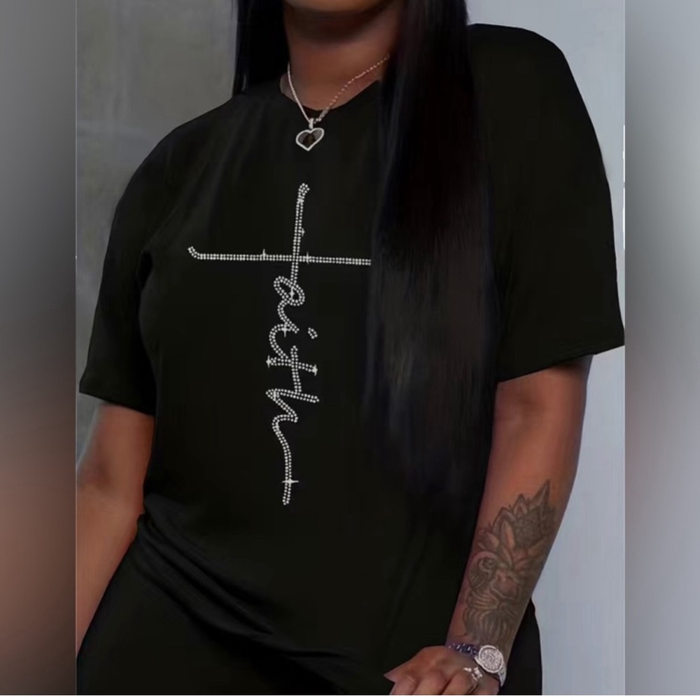 Passion Vacation Black Faith Casual Letter Print Slight Stretch T-shirt